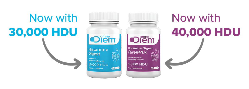 New_vs_old_bottles_MORE_HDU OmneDiem Histamine Digest and Histamine Digest PureMAX even more HDUs
